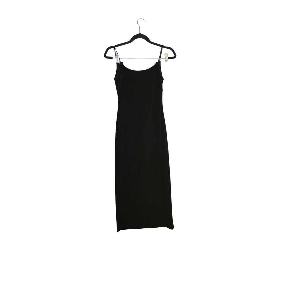 Vintage 90s Black Satin Slip Dress Medium M Maxi Cross Back Goth Minimalist XS